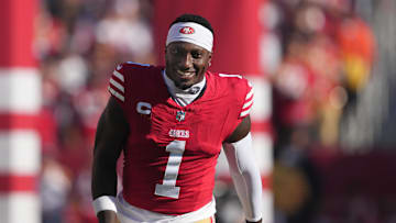 Sep 9, 2024; Santa Clara, California, USA; San Francisco 49ers wide receiver Deebo Samuel Sr. (1) is introduced before the game against the New York Jets at Levi's Stadium. Mandatory Credit: Darren Yamashita-Imagn Images