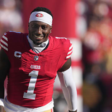 Sep 9, 2024; Santa Clara, California, USA; San Francisco 49ers wide receiver Deebo Samuel Sr. (1) is introduced before the game against the New York Jets at Levi's Stadium. Mandatory Credit: Darren Yamashita-Imagn Images