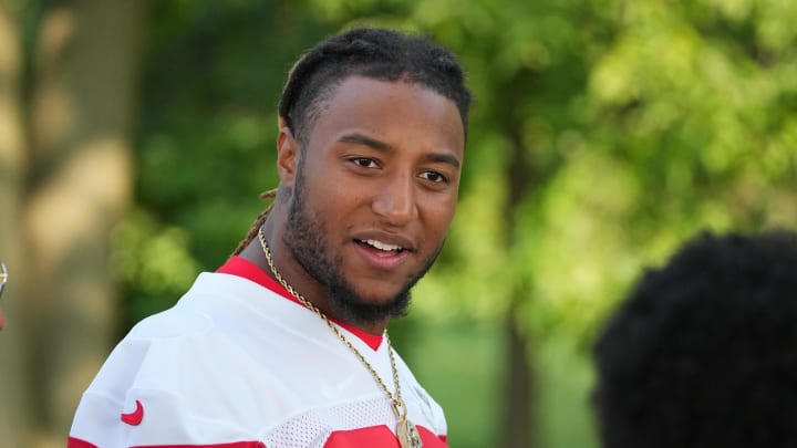 Jul 22, 2024; St. Joseph, MO, USA; Kansas City Chiefs safety Justin Reid (20) walks down the hill from the locker room to the fields prior to training camp at Missouri Western State University. Mandatory Credit: Denny Medley-USA TODAY Sports