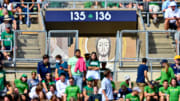 Sep 16, 2023; South Bend, Indiana, USA; The Word of Life Mural, commonly known as Touchdown Jesus, is seen in an entryway to Notre Dame Stadium during the game between the Notre Dame Fighting Irish and the Central Michigan Chippewas