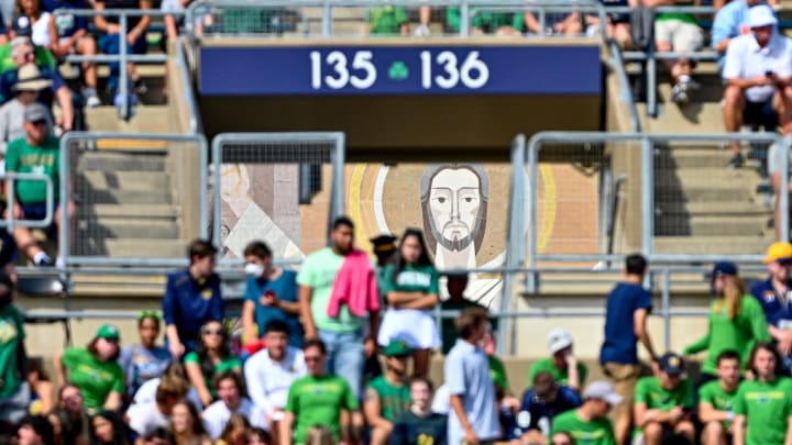 Sep 16, 2023; South Bend, Indiana, USA; The Word of Life Mural, commonly known as Touchdown Jesus, is seen in an entryway to Notre Dame Stadium during the game between the Notre Dame Fighting Irish and the Central Michigan Chippewas