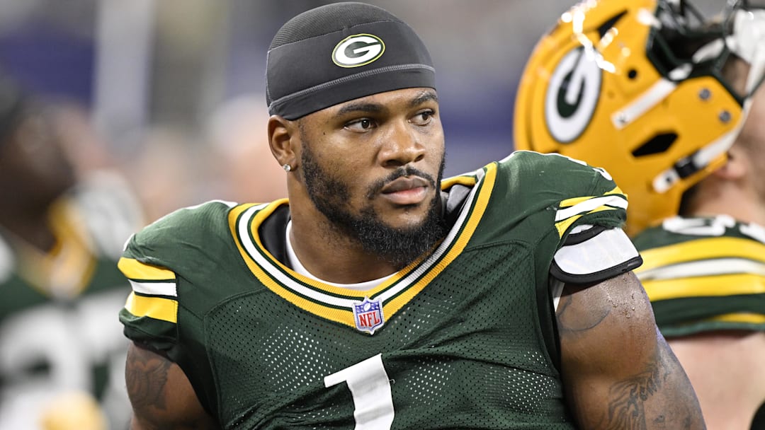 Green Bay Packers defensive end Micah Parsons (1) looks on in the second half against the Dallas Cowboys at AT&T Stadium.