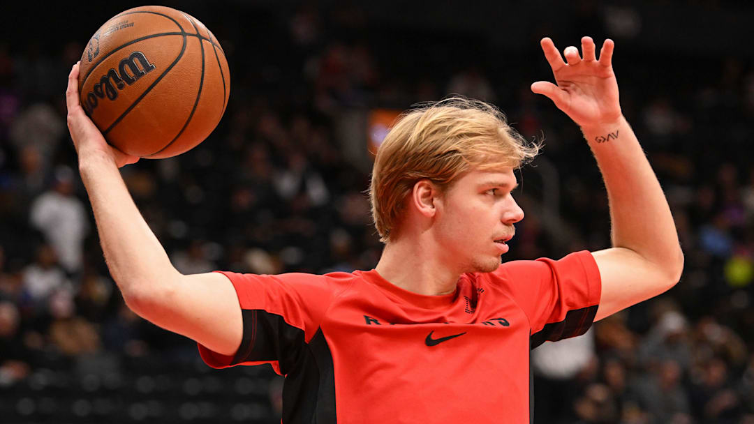 Oct 24, 2025; Toronto, Ontario, CAN; Toronto Raptors guard Gradey Dick (1) in warmups against the Milwaukee Bucks at Scotiabank Arena. Mandatory Credit: Gerry Angus-Imagn Images