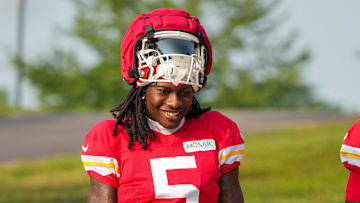 Jul 26, 2024; Kansas City, MO, USA; Kansas City Chiefs wide receiver Marquise “Hollywood”  Brown (5) walks down the hill from the locker room to the fields during training camp at Missouri Western State University. Mandatory Credit: Denny Medley-Imagn Images