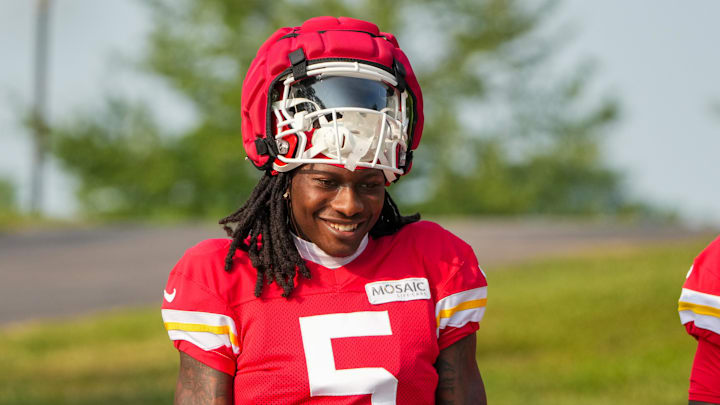 Jul 26, 2024; Kansas City, MO, USA; Kansas City Chiefs wide receiver Marquise “Hollywood”  Brown (5) walks down the hill from the locker room to the fields during training camp at Missouri Western State University. Mandatory Credit: Denny Medley-Imagn Images