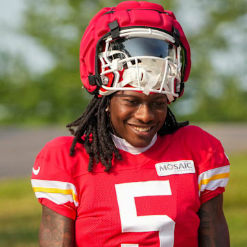 Jul 26, 2024; Kansas City, MO, USA; Kansas City Chiefs wide receiver Marquise “Hollywood”  Brown (5) walks down the hill from the locker room to the fields during training camp at Missouri Western State University. Mandatory Credit: Denny Medley-Imagn Images