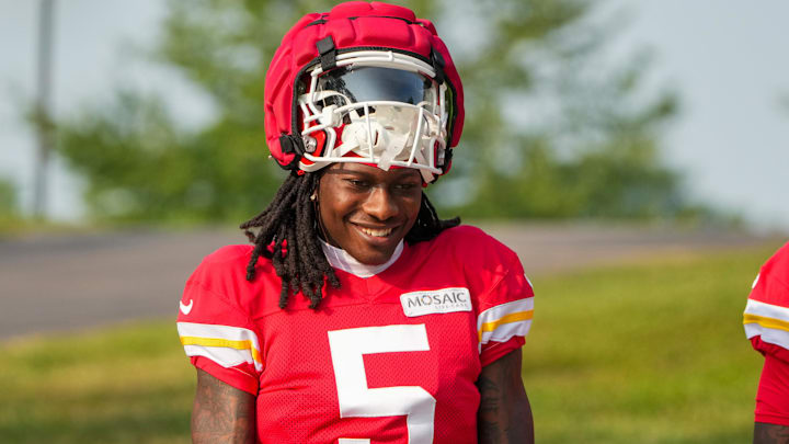 Jul 26, 2024; Kansas City, MO, USA; Kansas City Chiefs wide receiver Marquise “Hollywood”  Brown (5) walks down the hill from the locker room to the fields during training camp at Missouri Western State University. Mandatory Credit: Denny Medley-Imagn Images