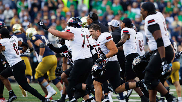 Northern Illinois celebrates after wining a NCAA college football game 16-14 against Notre Dame at Notre Dame Stadium on Saturday, Sept. 7, 2024, in South Bend.