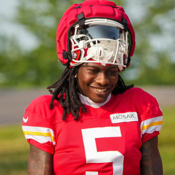 Jul 26, 2024; Kansas City, MO, USA; Kansas City Chiefs wide receiver Marquise “Hollywood”  Brown (5) walks down the hill from the locker room to the fields during training camp at Missouri Western State University. Mandatory Credit: Denny Medley-USA TODAY Sports