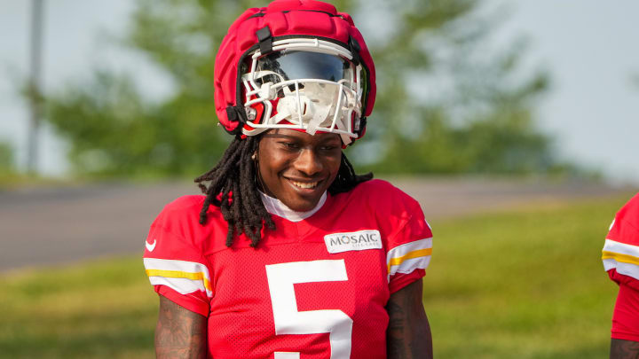 Jul 26, 2024; Kansas City, MO, USA; Kansas City Chiefs wide receiver Marquise “Hollywood”  Brown (5) walks down the hill from the locker room to the fields during training camp at Missouri Western State University. Mandatory Credit: Denny Medley-USA TODAY Sports