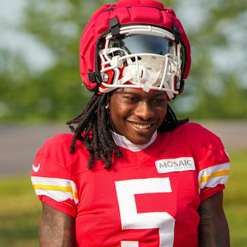 Jul 26, 2024; Kansas City, MO, USA; Kansas City Chiefs wide receiver Marquise “Hollywood”  Brown (5) walks down the hill from the locker room to the fields during training camp at Missouri Western State University. Mandatory Credit: Denny Medley-Imagn Images