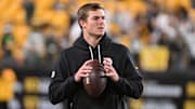 Oct 26, 2025; Pittsburgh, Pennsylvania, USA; Pittsburgh Steelers quarterback Will Howard warms up for a game against the Green Bay Packers at Acrisure Stadium. Mandatory Credit: Barry Reeger-Imagn Images