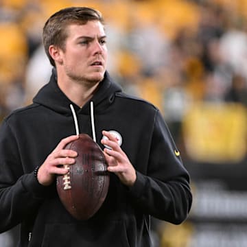 Oct 26, 2025; Pittsburgh, Pennsylvania, USA; Pittsburgh Steelers quarterback Will Howard warms up for a game against the Green Bay Packers at Acrisure Stadium. Mandatory Credit: Barry Reeger-Imagn Images