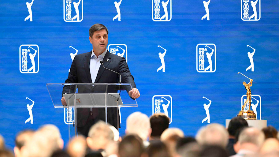 Brian Rolapp, CEO of the PGA Tour, speaks to the media prior to the 2026 Players Championship.