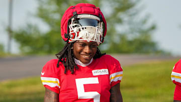 Jul 26, 2024; Kansas City, MO, USA; Kansas City Chiefs wide receiver Marquise “Hollywood”  Brown (5) walks down the hill from the locker room to the fields during training camp at Missouri Western State University. Mandatory Credit: Denny Medley-Imagn Images