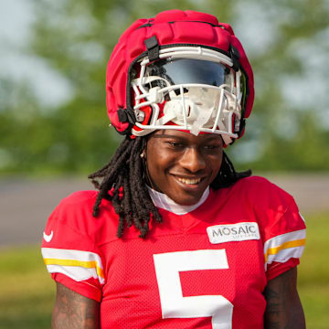 Jul 26, 2024; Kansas City, MO, USA; Kansas City Chiefs wide receiver Marquise “Hollywood”  Brown (5) walks down the hill from the locker room to the fields during training camp at Missouri Western State University. Mandatory Credit: Denny Medley-Imagn Images