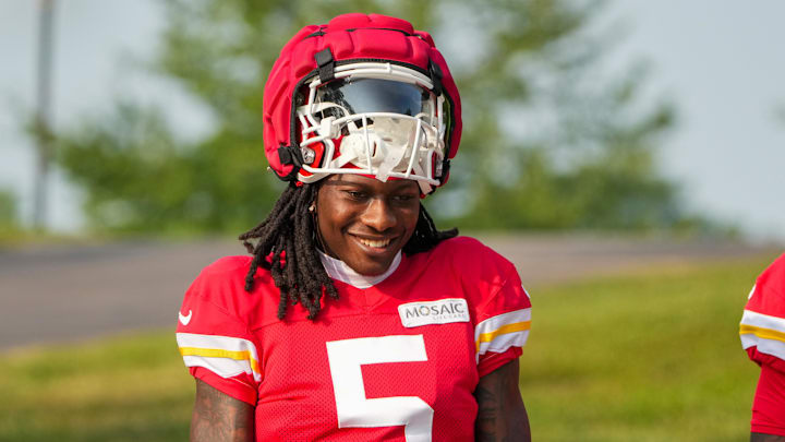 Jul 26, 2024; Kansas City, MO, USA; Kansas City Chiefs wide receiver Marquise “Hollywood”  Brown (5) walks down the hill from the locker room to the fields during training camp at Missouri Western State University. Mandatory Credit: Denny Medley-Imagn Images