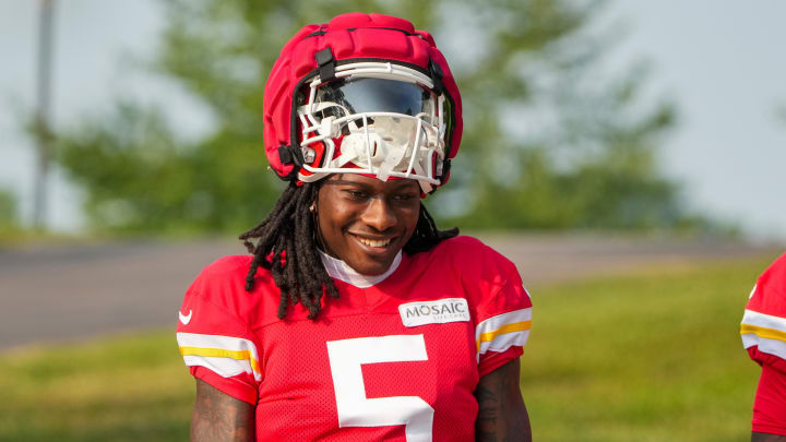 Jul 26, 2024; Kansas City, MO, USA; Kansas City Chiefs wide receiver Marquise “Hollywood”  Brown (5) walks down the hill from the locker room to the fields during training camp at Missouri Western State University. Mandatory Credit: Denny Medley-USA TODAY Sports