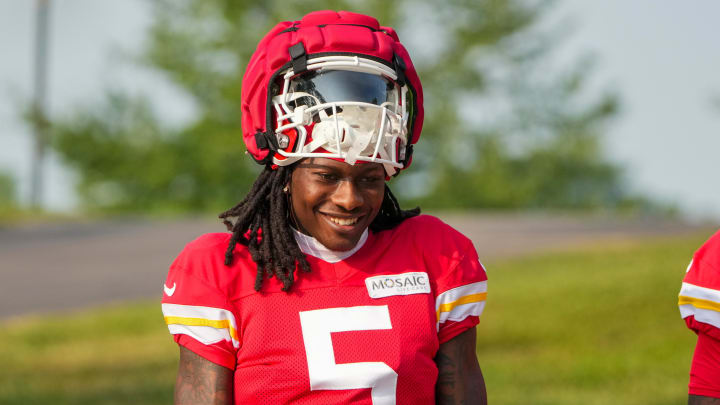 Jul 26, 2024; Kansas City, MO, USA; Kansas City Chiefs wide receiver Marquise “Hollywood”  Brown (5) walks down the hill from the locker room to the fields during training camp at Missouri Western State University. Mandatory Credit: Denny Medley-USA TODAY Sports