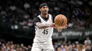 Mar 31, 2025; Dallas, Texas, USA; Brooklyn Nets guard Keon Johnson (45) in action during the game between the Dallas Mavericks and the Brooklyn Nets at the American Airlines Center. Mandatory Credit: Jerome Miron-Imagn Images