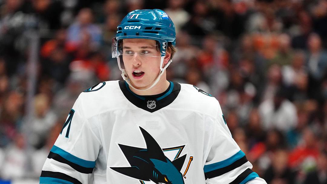 Apr 9, 2026; Anaheim, California, USA; San Jose Sharks left wing William Eklund (72) reacts against the Anaheim Duck in the first period at Honda Center. Mandatory Credit: Kirby Lee-Imagn Images