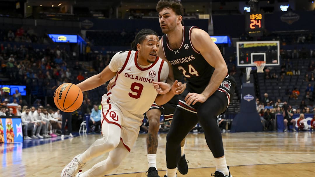 Oklahoma's Nijel Pack drives at the SEC Tournament against South Carolina.