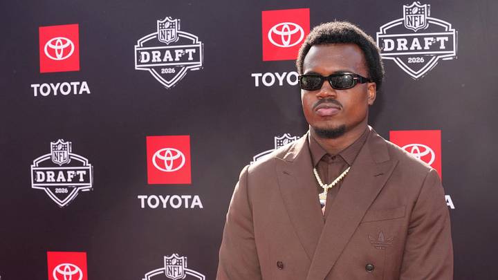 Apr 23, 2026; Pittsburgh, PA, USA; Miami Hurricanes defensive end Rueben Bain Jr. poses on the red carpet before the 2026 NFL Draft at Point State Park. Mandatory Credit: Kirby Lee-Imagn Images
