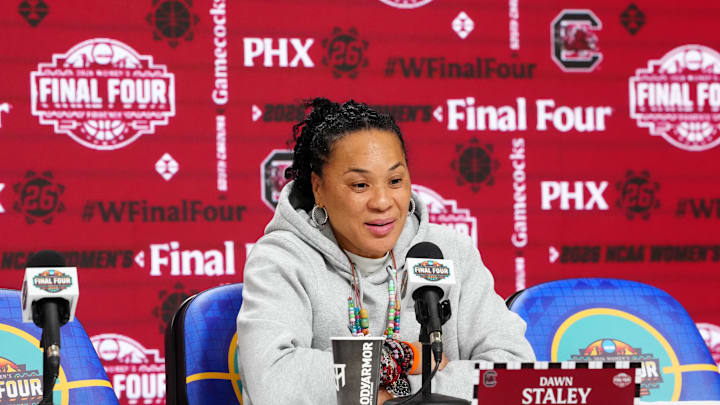 Apr 4, 2026; Phoenix, AZ, USA; South Carolina Gamecocks head coach Dawn Staley at press conference at Mortgage Matchup Center. Mandatory Credit: Kirby Lee-Imagn Images