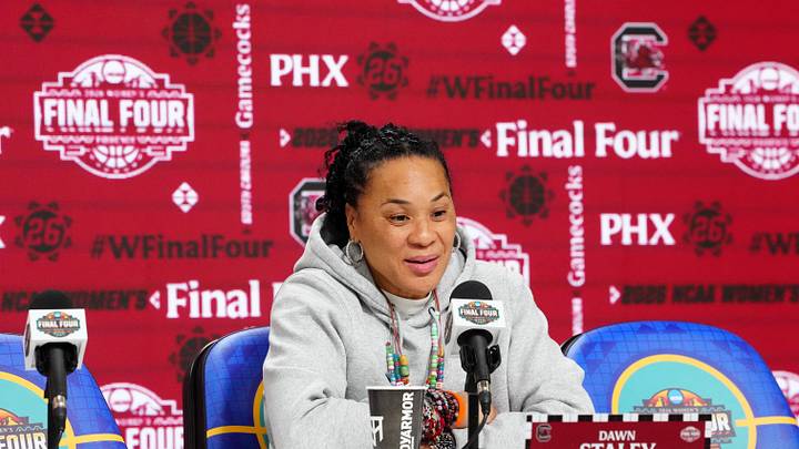 Apr 4, 2026; Phoenix, AZ, USA; South Carolina Gamecocks head coach Dawn Staley at press conference at Mortgage Matchup Center. Mandatory Credit: Kirby Lee-Imagn Images