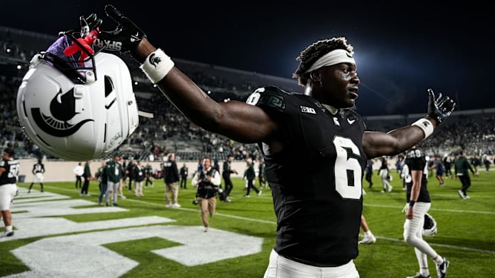 Sep 6, 2025; East Lansing, Michigan, USA; Michigan State wide receiver Nick Marsh (6) celebrates a double-overtime victory over Boston College at Spartan Stadium. Mandatory Credit: Brendan Mullin-Imagn Images
