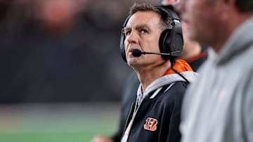 Cincinnati Bengals defensive coordinator Lou Anarumo watches a replay of the Denver Broncos wide receiver Marvin Mims Jr. (19) touchdown on the video board in the fourth quarter of the NFL Week 17 game between the Cincinnati Bengals and the Denver Broncos at Paycor Stadium in downtown Cincinnati on Saturday, Dec. 28, 2024. The Bengals took a 30-24 win in overtime to remain in the post season chase.