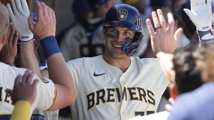 Mar 13, 2024; Phoenix, Arizona, USA; Milwaukee Brewers leftfielder Brewer Hicklen (75) celebrates with teammates after hitting a home run against the Chicago White Sox in the second inning at American Family Fields of Phoenix. Mandatory Credit: Rick Scuteri-USA TODAY Sports