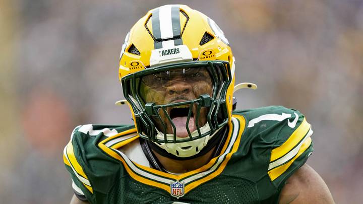 Nov 23, 2025; Green Bay, Wisconsin, USA;  Green Bay Packers defensive end Micah Parsons (1) celebrates after sacking Minnesota Vikings quarterback J.J. McCarthy (9) (not pictured) during the game at Lambeau Field. Mandatory Credit: Jeff Hanisch-Imagn Images