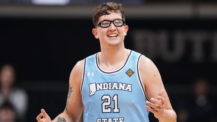 Indiana State Sycamores center Robbie Avila (21) reacts to a call from the referee on Thursday, April 4, 2024, during the NIT championship game at Hinkle Fieldhouse in Indianapolis. The Seton Hall Pirates defeated the Indiana State Sycamores, 79-77.