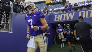 Aug 31, 2024; Seattle, Washington, USA; Washington Huskies quarterback Will Rogers (7) participates in pregame warmups against the Weber State Wildcats at Alaska Airlines Field at Husky Stadium. Mandatory Credit: Joe Nicholson-Imagn Images