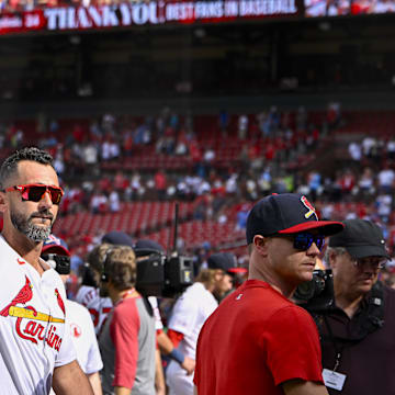 Sep 22, 2024; St. Louis, Missouri, USA;  St. Louis Cardinals designated hitter Matt Carpenter (13) salute their fans after their final home game of the season and a victory over the Cleveland Guardians at Busch Stadium. Mandatory Credit: Jeff Curry-Imagn Images