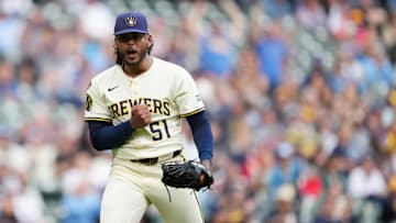 Milwaukee Brewers ace Freddy Peralta celebrates a strikeout against the Philadelphia Phillies.