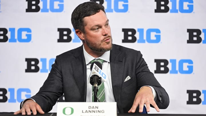 Jul 25, 2024; Indianapolis, IN, USA; Oregon Ducks head coach Dan Lanning speaks to the media during Big Ten football media day at Lucas Oil Stadium. 