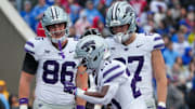 Kansas State linebacker Ralph Ortiz (20) celebrates after scoring against Kansas.