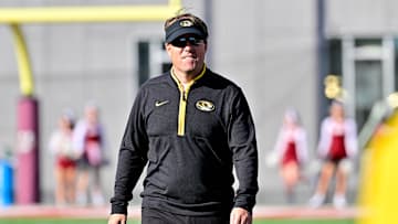 Oct 12, 2024; Amherst, Massachusetts, USA; Missouri Tigers head coach Eliah Drinkwitz returns to the sideline during the second half against the Massachusetts Minutemen at Warren McGuirk Alumni Stadium. Mandatory Credit: Eric Canha-Imagn Images