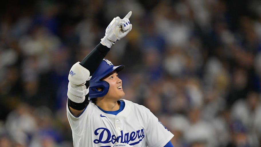 Shohei Ohtani celebrates one of his two home runs against the Athletics on Thursday. | Jayne Kamin-Oncea-Imagn Images
