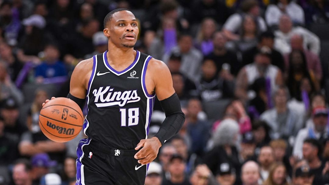 Oct 26, 2025; Sacramento, California, USA; Sacramento Kings guard Russell Westbrook (18) pushed the ball up the court against the Los Angeles Lakers during the third quarter at Golden 1 Center. Mandatory Credit: Ed Szczepanski-Imagn Images Oct 26, 2025; Sacramento, California, USA; Sacramento Kings guard Russell Westbrook (18) pushed the ball up the court against the Los Angeles Lakers during the third quarter at Golden 1 Center. Mandatory Credit: Ed Szczepanski-Imagn Images