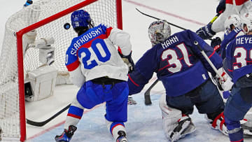 Feb 16, 2022; Beijing, China;  Slovakia forward Marek Hrivik (not pictured) scores a goal against 