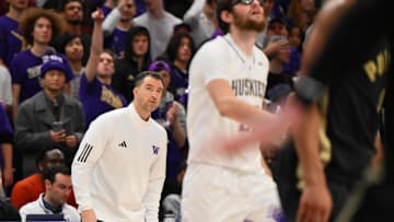 Jan 15, 2025; Seattle, Washington, USA; Washington Huskies head coach Danny Sprinkle during the second half against the Purdue Boilermakers at Alaska Airlines Arena at Hec Edmundson Pavilion. Mandatory Credit: Steven Bisig-Imagn Images