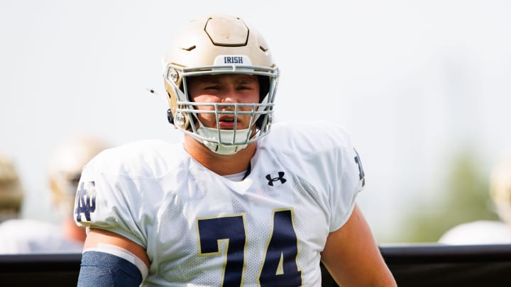 Notre Dame offensive lineman Billy Schrauth participates in a drill during a Notre Dame football practice at Irish Athletic Center on Tuesday, Aug. 6, 2024, in South Bend.