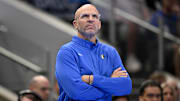 Nov 21, 2025; Dallas, Texas, USA; Dallas Mavericks head coach Jason Kidd looks on during the second quarter against the New Orleans Pelicans at the American Airlines Center. Mandatory Credit: Jerome Miron-Imagn Images