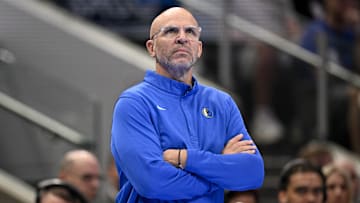 Nov 21, 2025; Dallas, Texas, USA; Dallas Mavericks head coach Jason Kidd looks on during the second quarter against the New Orleans Pelicans at the American Airlines Center. Mandatory Credit: Jerome Miron-Imagn Images