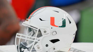 Sep 23, 2023; Philadelphia, Pennsylvania, USA;  Miami Hurricanes helmet sits on a cooler in the second half against the Temple Owls at Lincoln Financial Field. Mandatory Credit: Andy Lewis-USA TODAY Sports