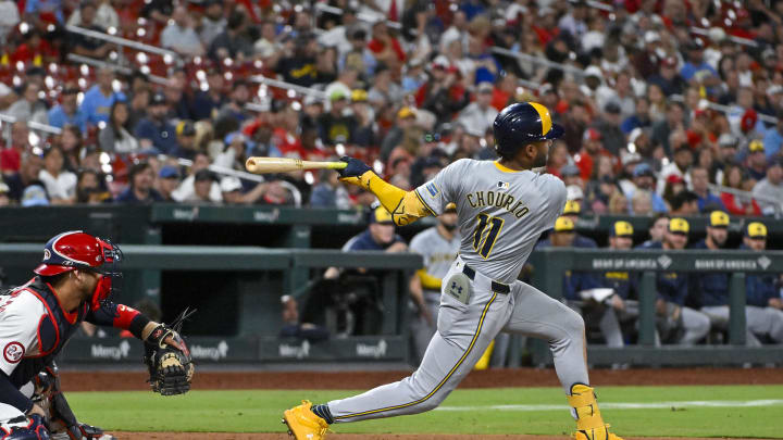 Milwaukee Brewers left fielder Jackson Chourio (11) hits a two run single against the St. Louis Cardinals during the seventh inning at Busch Stadium on Aug 21.