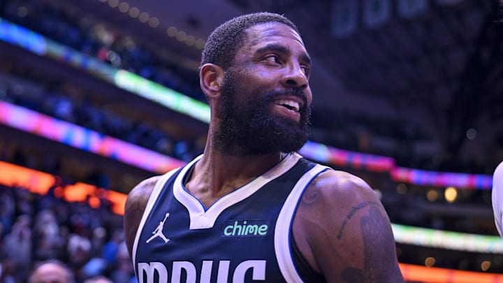Feb 12, 2025; Dallas, Texas, USA; Dallas Mavericks guard Kyrie Irving (11) after the game between the Dallas Mavericks and the Golden State Warriors at the American Airlines Center. Mandatory Credit: Jerome Miron-Imagn Images Feb 12, 2025; Dallas, Texas, USA; Dallas Mavericks guard Kyrie Irving (11) after the game between the Dallas Mavericks and the Golden State Warriors at the American Airlines Center. Mandatory Credit: Jerome Miron-Imagn Images